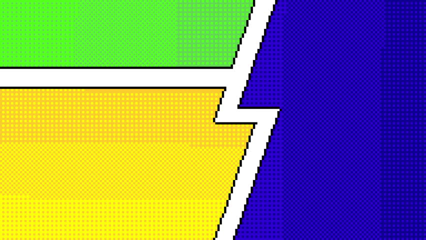 Abstract Comic Book Page Pixel Art Super Hero Background. Retro pop art dynamic style. Vibrant colors, dynamic Perfect for action scenes, motion graphics, and fun cartoon intros.