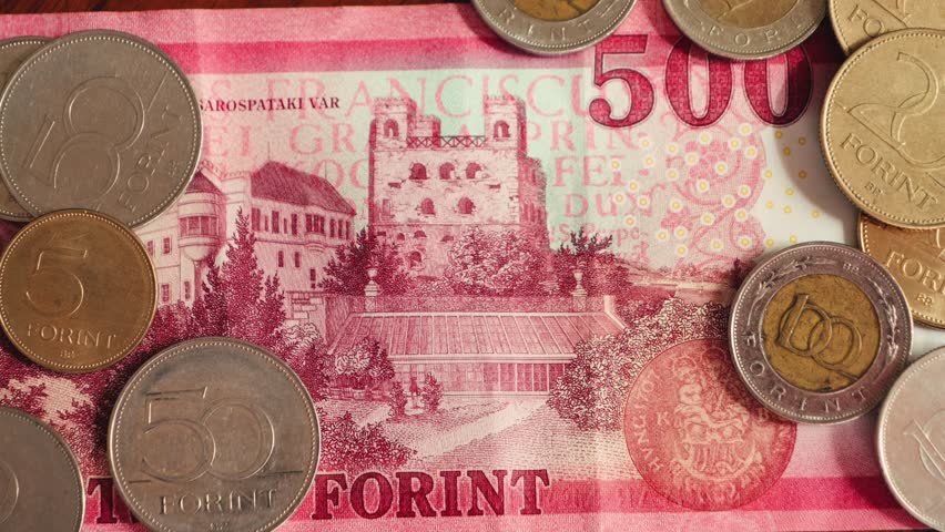 Banknote details of Hungarian forint and coins. High quality 4k footage