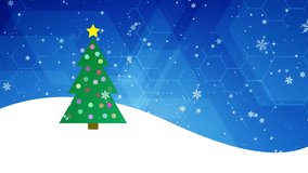christmas tree with colorful baubles and falling snowflakes on white snow under a blue background with hexagonal pattern, xmas cartoon style design - Powered by Shutterstock - Get 15% off with code: PIKWIZARD15