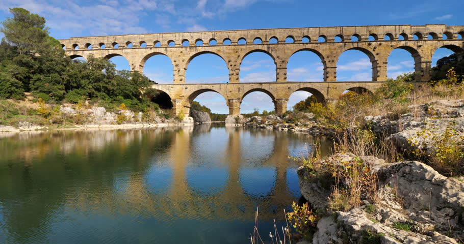 The Roman Bridge Pont du Gard and the Gardon River, Resmoulins, Gard, Occitania,France