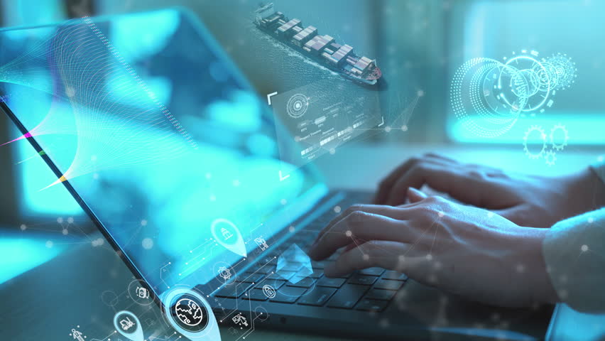 Hands typing on laptop with holographic interface of cargo ship and global logistics, representing digital transformation in international supply chain and smart shipping.