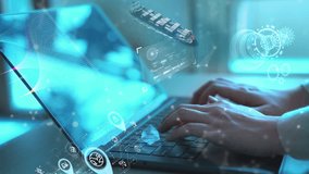Hands typing on laptop with holographic interface of cargo ship and global logistics, representing digital transformation in international supply chain and smart shipping. - Powered by Shutterstock - Get 15% off with code: PIKWIZARD15