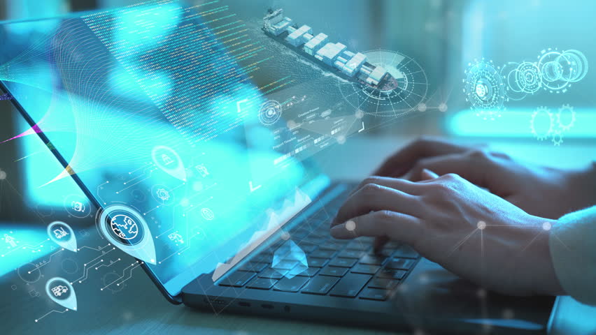 Hands typing on laptop with holographic interface of cargo ship and global logistics, representing digital transformation in international supply chain and smart shipping.