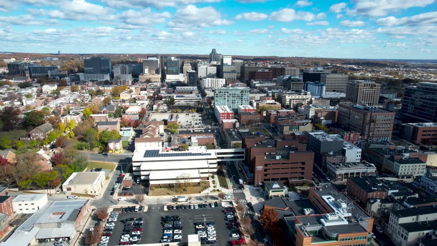 wilmington delaware descending drone twist skyline autumn afternoon
