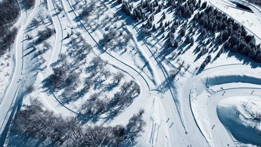 Aerial view of mountain ski stadium with snow