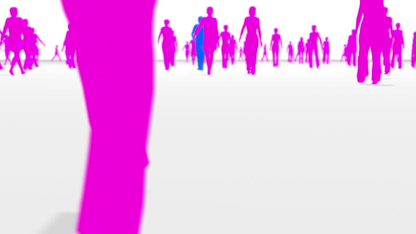 Anonymous crowd low angle pink silhouetted female characters with one blue male