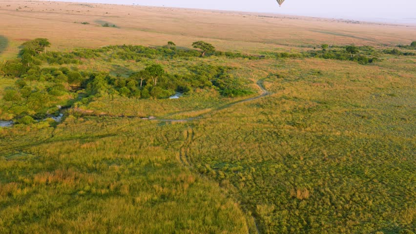 An abstract aerial view at sunrise shows a mosaic of green and golden grasses, dotted with bushes, winding river, and water pools in Maasai Mara National Reserve Kenya.