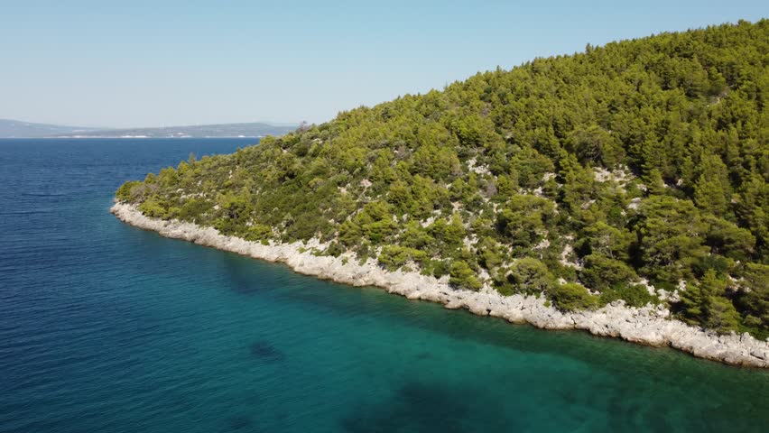 Aerial drone view of the southwest coast of Evia island on the Gulf of North Evia, near Melouna