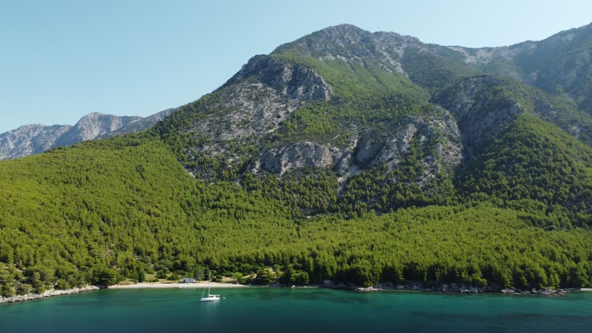 Aerial drone view of the southwest coast of Evia island on the Gulf of North Evia, near Melouna