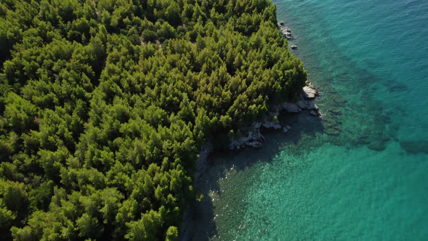 Aerial drone view of the southwest coast of Evia island on the Gulf of North Evia, near Melouna