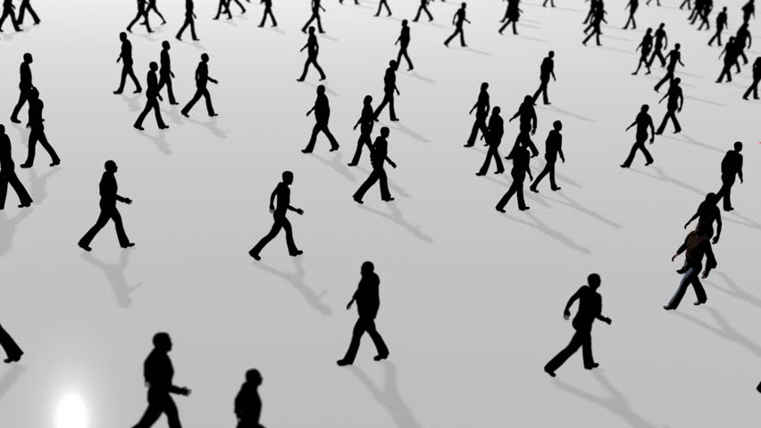 Anonymous crowd high angle male silhouettes in black with one red  female