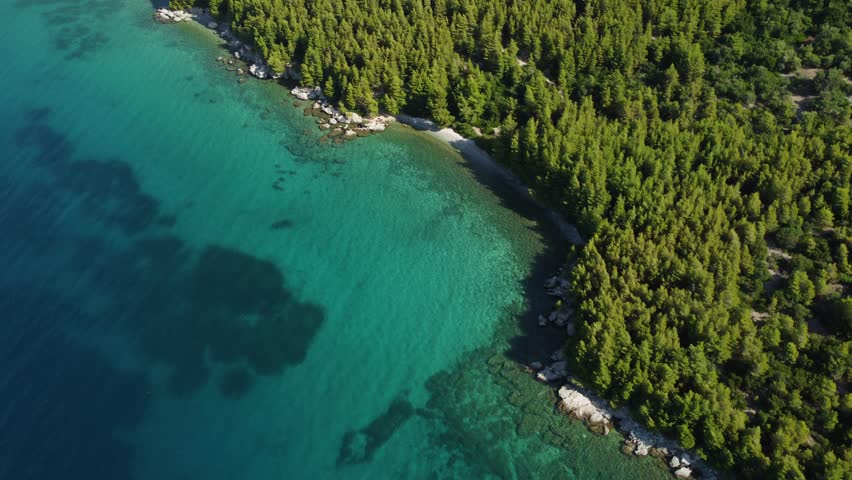 Aerial drone view of the southwest coast of Evia island on the Gulf of North Evia, near Melouna