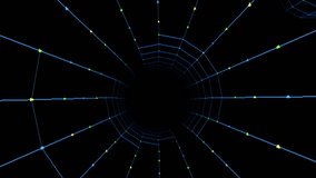 Seamless digital flight through a fluctuating 3D wireframe tunnel. Futuristic motion graphics representing data, technology, network, or cyberspace travel on a dark background. - Powered by Shutterstock - Get 15% off with code: PIKWIZARD15