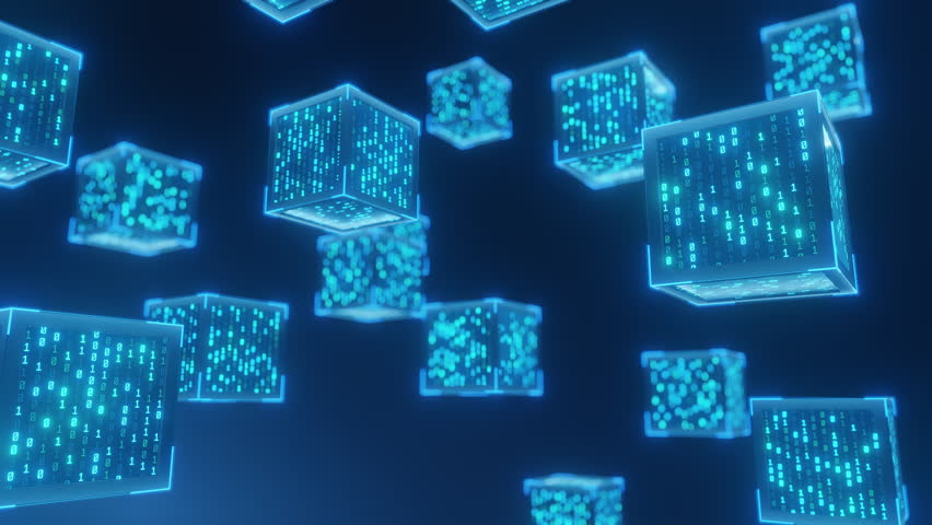 Abstract blockchain concept background. Digital data cubes with binary code floating, representing decentralized network, cryptocurrency, secure information. Modern technology, AI, big data theme.