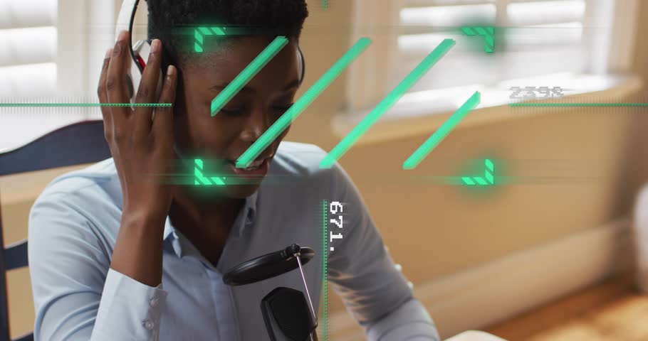 Woman adjusting headset, starting recording on studio mic for podcast, AR numbers sliding over face. Headphones, microphone, voiceover, hud, readouts, green, workspace