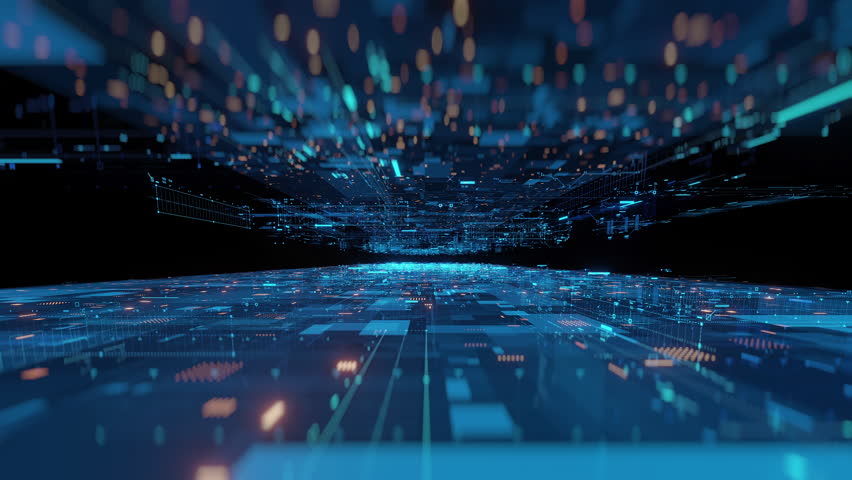 Futuristic digital data network background. Glowing blue, orange lines, dots, abstract geometric shapes. Represents technology, AI, big data, innovation, connectivity.