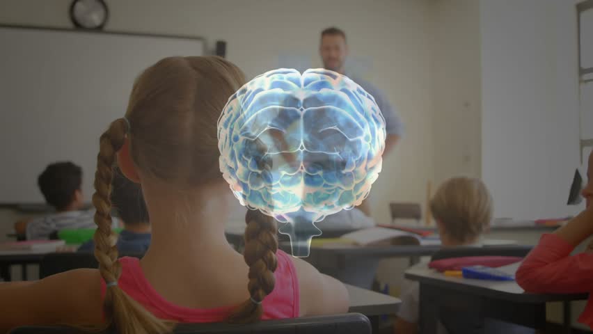 Teacher asking in education, students raising hands while 3D brain rotating to show engagement. Holographic, neural, classroom, instructor, desks, translucent, vibrant