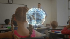 Teacher asking in education, students raising hands while 3D brain rotating to show engagement. Holographic, neural, classroom, instructor, desks, translucent, vibrant - Powered by Shutterstock - Get 15% off with code: PIKWIZARD15
