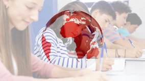 Students writing in class, globe overlay appearing, passing over faces, showing map for creators. World, backlit, classroom, notebook, focus, study, youth - Powered by Shutterstock - Get 15% off with code: PIKWIZARD15