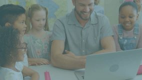 Teacher operating laptop, activating 3D brain hologram above screen for lesson, students leaning in. Educator, classroom, tablet, teamwork, edtech, interactive, discovery - Powered by Shutterstock - Get 15% off with code: PIKWIZARD15