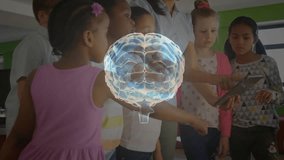 Teacher tapping tablet, guiding kids in learning, hologram brain hovering above group. Students, educator, classroom, interactive, display, augmented, science - Powered by Shutterstock - Get 15% off with code: PIKWIZARD15