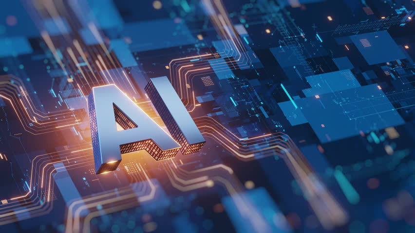 3D AI text futuristic circuit board background. Glowing data lines, digital processing, neural network concept. Artificial intelligence, machine learning, technology, innovation, future