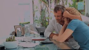 Woman reaching for calculator, man helping, entering numbers amid bills, overlay showing totals. Couple, budgeting, finance, calculation, receipts, dining, sunlit - Powered by Shutterstock - Get 15% off with code: PIKWIZARD15