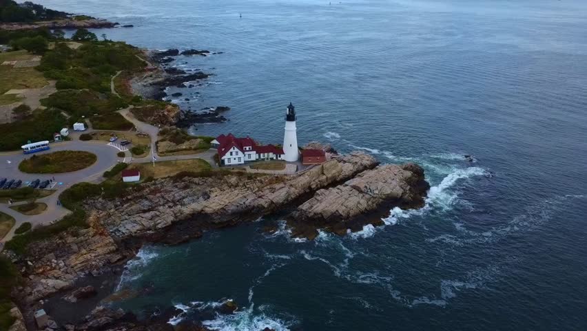 Aerial view of Portland Head Lighthouse on Cape Elizabeth, ME