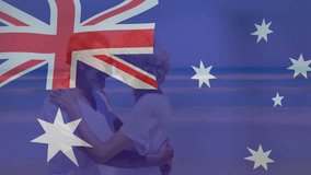Senior couple starting embracing and swaying at beach, flag overlaying showing romance for tourism. Duo, intimacy, coastline, seascape, outdoor, translucent, overlay - Powered by Shutterstock - Get 15% off with code: PIKWIZARD15