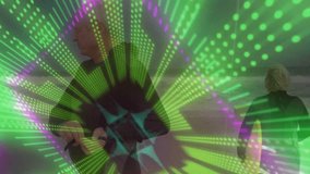 Senior pair walking on beach while neon overlay starting pulsing and rotating framing them for tech. Couple, seaside, geometric, advertising, outdoor, overcast, companionship - Powered by Shutterstock - Get 15% off with code: PIKWIZARD15