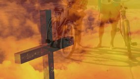 Seniors posing by bikes, man raising device capturing selfie, composited cross left tech overlay. Wooden, crucifix, seashore, elderly, bicycles, companionship, sunset - Powered by Shutterstock - Get 15% off with code: PIKWIZARD15