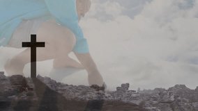 Senior man reaching then extending hand, offering while dissolving with cross and rocks for film. Silhouette, outdoor, memorial, landscape, contemplative, reverent, layered - Powered by Shutterstock - Get 15% off with code: PIKWIZARD15