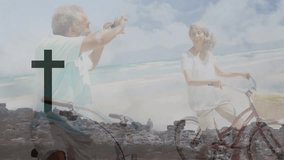 Man raising phone and framing travel photography shot, woman holding bicycle, cross overlay fading. Couple, bicycle, smartphone, seaside, rocks, ocean, overcast - Powered by Shutterstock - Get 15% off with code: PIKWIZARD15