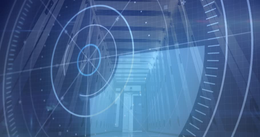 HUD radar initiating sweep, wedge sweeping over server corridor revealing racks for monitoring. Datacenter, overlay, triangle, motion, blue, sensor, holographic