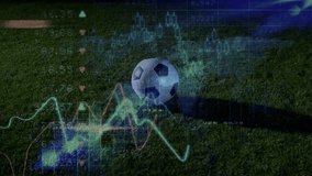 Male player sliding, contacting ball as data overlays sweeping around player for sports analytics. Soccer, turf, lighting, night, charts, graphs, visuals - Powered by Shutterstock - Get 15% off with code: PIKWIZARD15