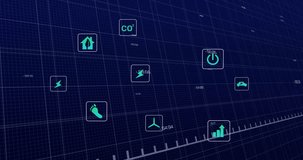 Thick green trend line entering left and waving across grid, passing icons, updating energy metrics. Analytics, dashboard, visualization, monitoring, sustainability, renewable, power - Powered by Shutterstock - Get 15% off with code: PIKWIZARD15