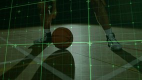 Sports male player initiating crossover after ball bounce protecting ball HUD grid tracking dribble. Basketball, athlete, court, spotlight, dynamic, ballhandling, shadows - Powered by Shutterstock - Get 15% off with code: PIKWIZARD15