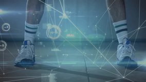 Player showing ball starting dribble between-legs as cam tilting HUD tracking for sports training. Basketball, court, athlete, movement, holographic, overlays, futuristic - Powered by Shutterstock - Get 15% off with code: PIKWIZARD15