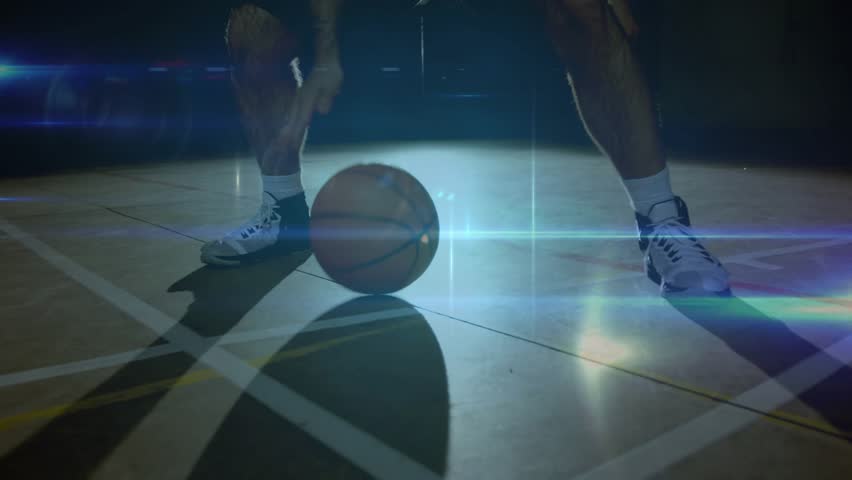 Basketball dribble starting man probing guard with ball seeking gap, overlay growing, crossing feet. Court, spotlight, silhouette, network, augmented, reality, promo