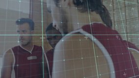 Coach passing orange basketball, team forming hands-on huddle and raising ball, grid showing unity. Sphere, jerseys, maroon, gymnasium, court, teamwork, leadership - Powered by Shutterstock - Get 15% off with code: PIKWIZARD15