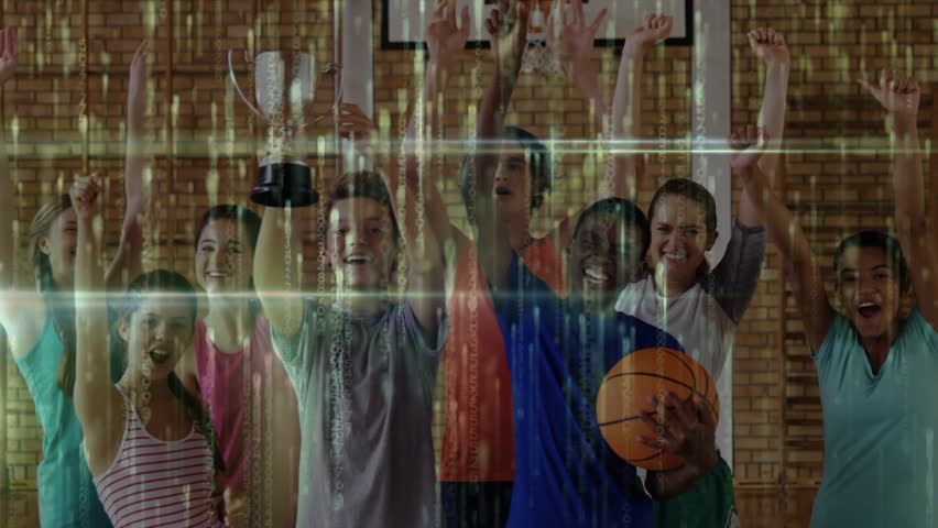 Sports team after win in gym, raising trophy and arms, holding basketball, scanlines crossing faces. Youth, celebration, athletes, court, hoop, backboard, brick