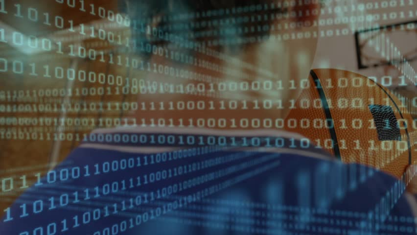 Male player lifting ball and shooting toward hoop in gym, overlay analyzing shot for sports metrics. Basketball, athlete, promo, futuristic, grid, data, analytics