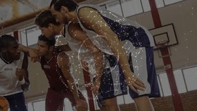 Five male sports team huddling leader dribbling ball planning soft net over group as view widening. Basketball, court, gymnasium, unity, strategy, leadership, focus - Powered by Shutterstock - Get 15% off with code: PIKWIZARD15