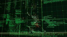 Two male sportsmen dribbling right, handler evading guard for layup, green grid obscuring limbs. Basketball, hoop, court, defense, offense, motion, digital - Powered by Shutterstock - Get 15% off with code: PIKWIZARD15