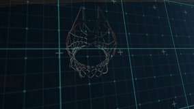 Wireframe hoop or net swinging as player rising lower left, shooting orange ball over teal grid for AR. Basketball, rim, leap, overlay, augmented, reality, gym - Powered by Shutterstock - Get 15% off with code: PIKWIZARD15