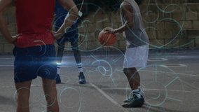 Shooter sizing up rim on outdoor court, releasing shot to score while cog HUD tracks basketball. Hoop, pickup, neighborhood, daylight, athletic, casual, defense - Powered by Shutterstock - Get 15% off with code: PIKWIZARD15