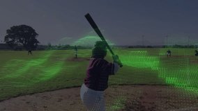 Female batter holding bat in box, adjusting grip while green binary overlay sweeping baseball field. Hitter, park, athletic, teammates, outdoor, stance, sunny - Powered by Shutterstock - Get 15% off with code: PIKWIZARD15