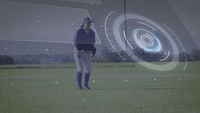 Female ballplayer scanning field, tracking fly ball, jumping to catch while HUD guiding sports tech. Baseball, athlete, outfield, glove, overlay, radar, grassy - Powered by Shutterstock - Get 15% off with code: PIKWIZARD15