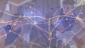 Coach tapping tablet and leading basketball huddle on court animated network overlay showing plays. Players, gymnasium, clipboard, playbook, strategy, leadership, teamwork - Powered by Shutterstock - Get 15% off with code: PIKWIZARD15