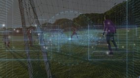 Shooter kicking to score, keeper diving right, ball crossing line, HUD mapping ball arc for sports. Goal, soccer, field, outdoor, overlay, digital, action - Powered by Shutterstock - Get 15% off with code: PIKWIZARD15